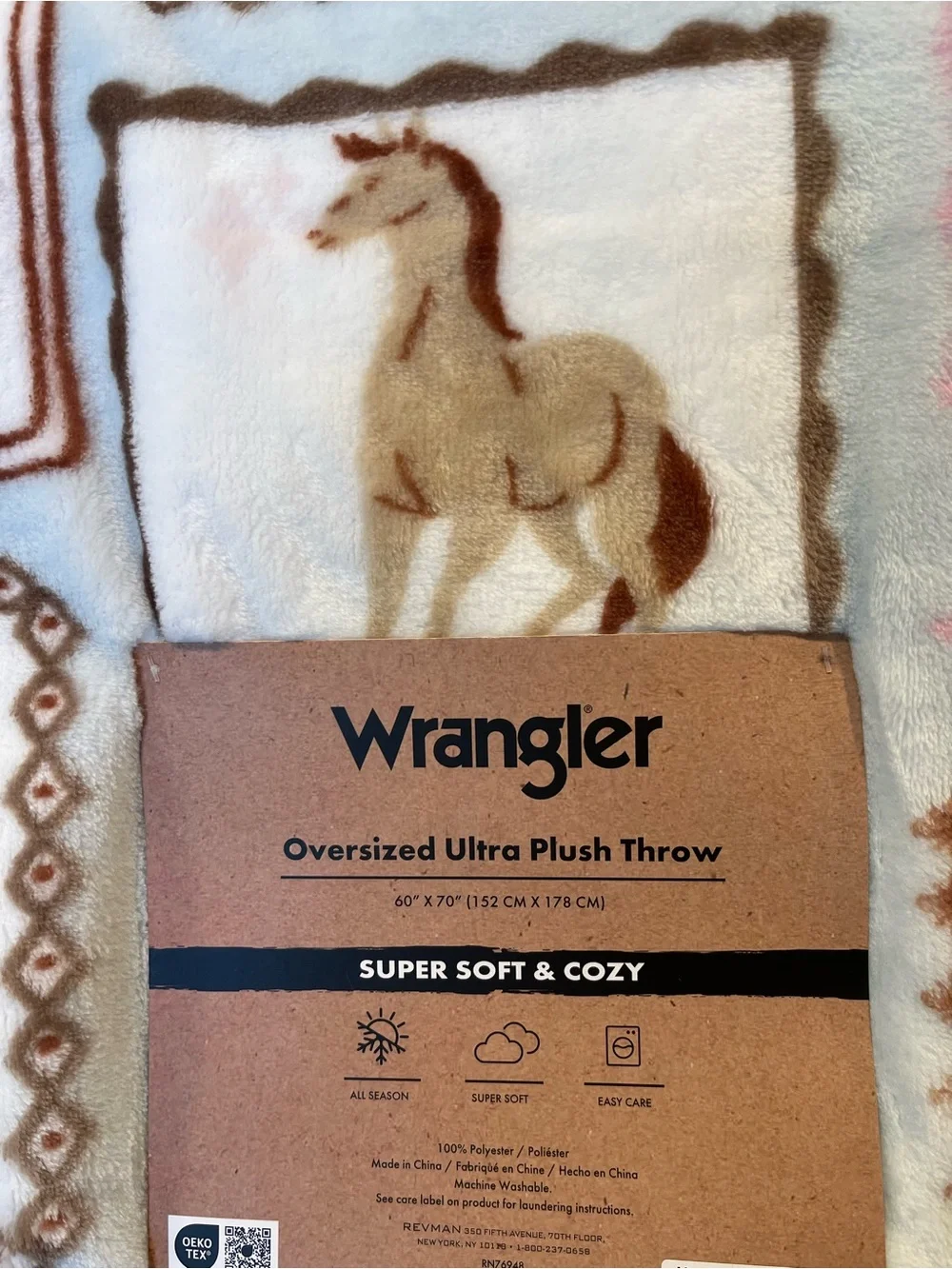 Wrangler Oversized Plush Throw Blanket - Cream with Brown & Pink Horse Howdy